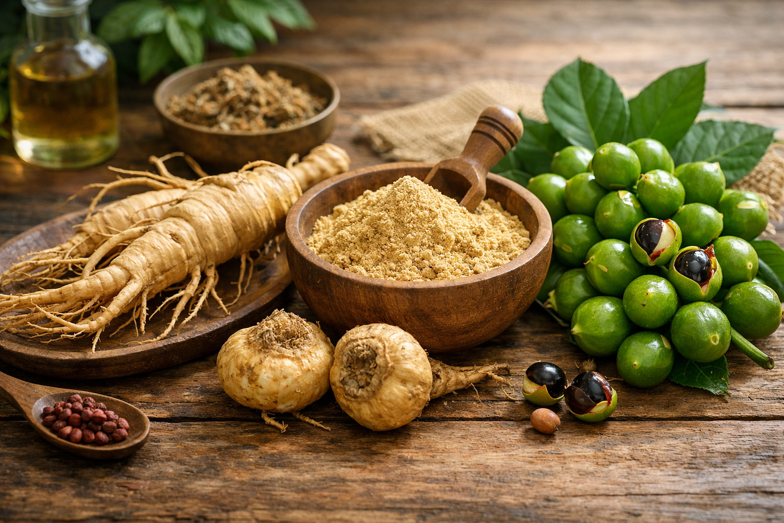 Natural herbal ingredients including ginseng root, maca powder, and green guarana berries arranged on a wooden table with soft natural lighting