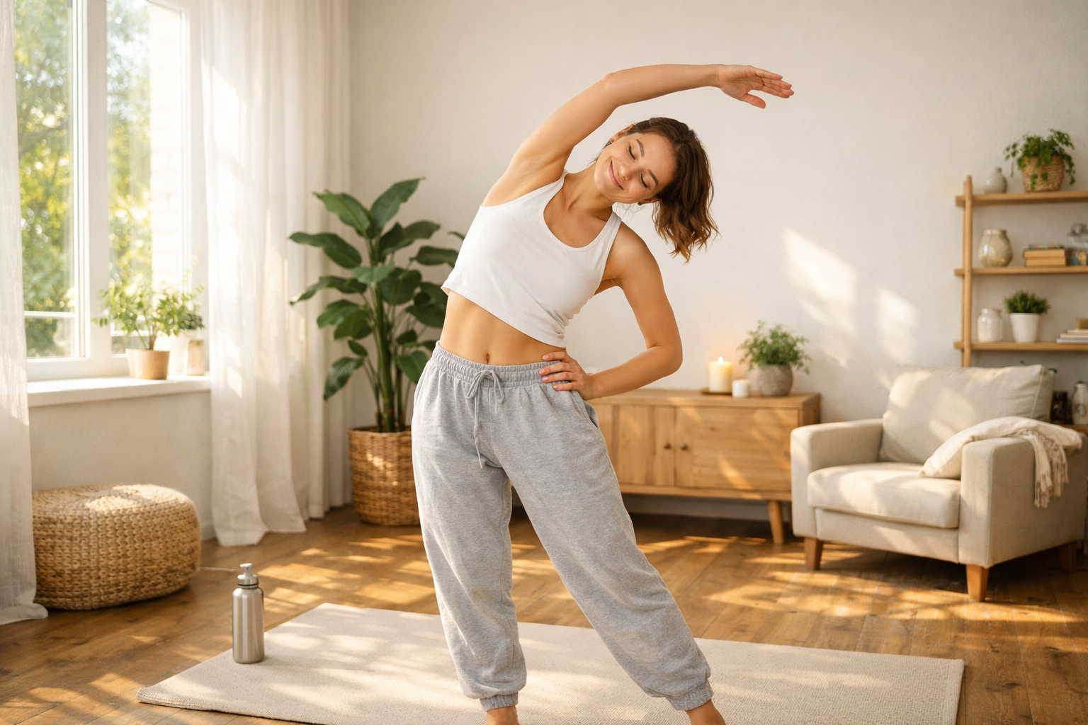Person doing simple morning stretching exercises in a bright room with natural sunlight, wearing comfortable athletic clothing, peaceful atmosphere